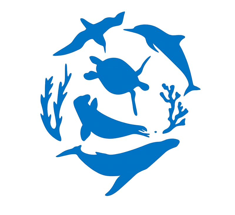 Blue silhouettes of ocean animals and plants in circle shape.