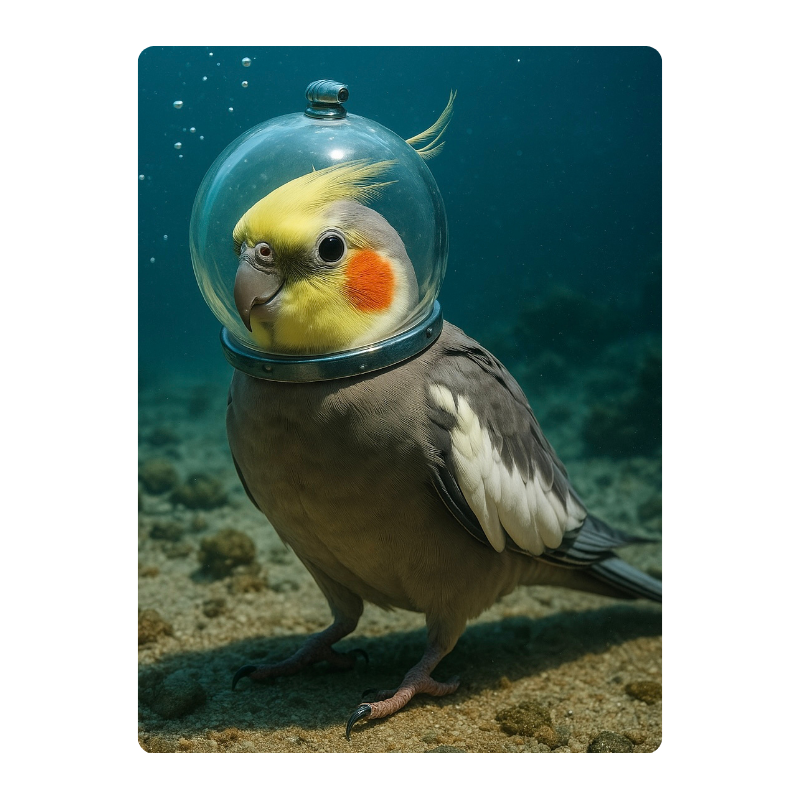 Cockatiel with space helmet underwater on sandy seabed.