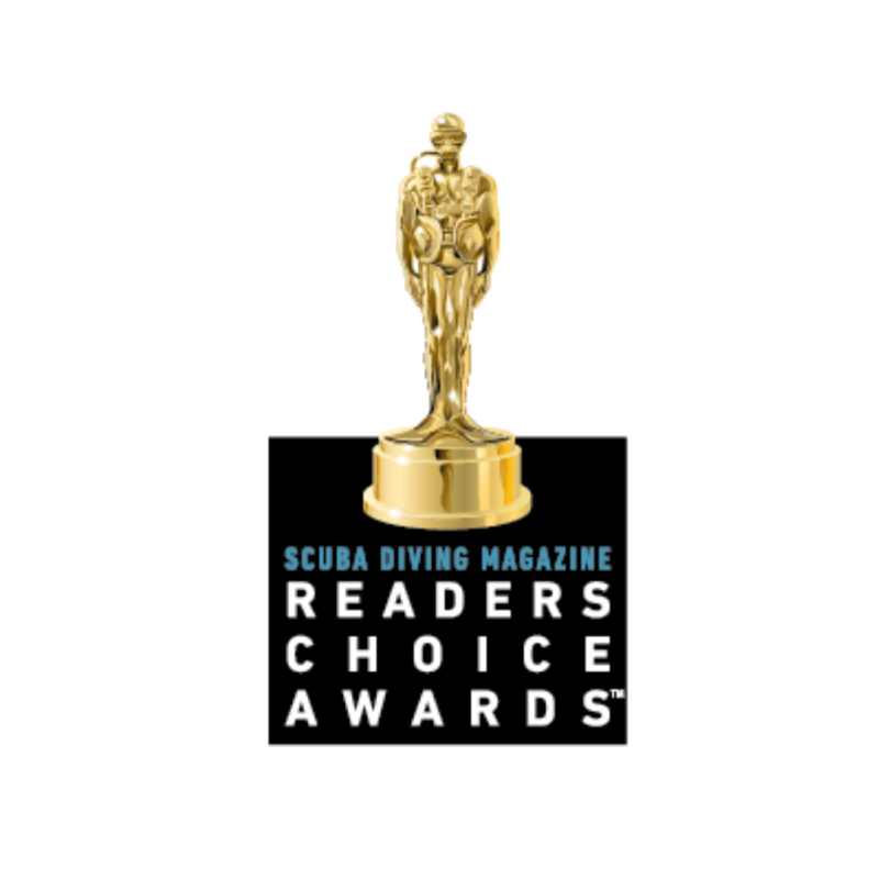 Golden diver statue above text: SCUBA DIVING MAGAZINE READERS CHOICE AWARDS.