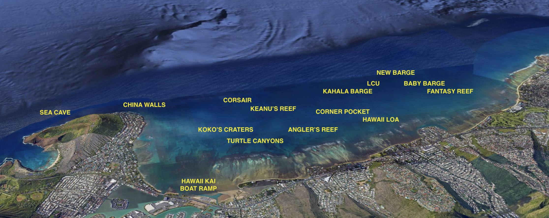 Aerial view of coastal region with labeled dive sites and landmarks.