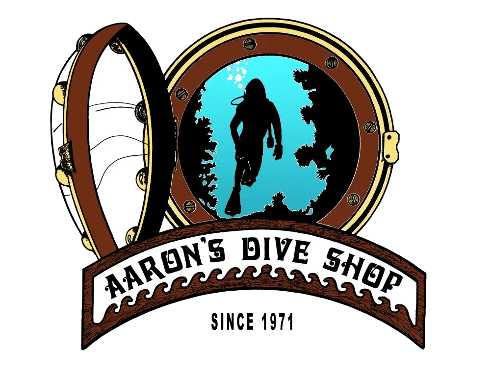 Logo with a diver inside a porthole and the text 'Aaron's Dive Shop, Since 1971'.